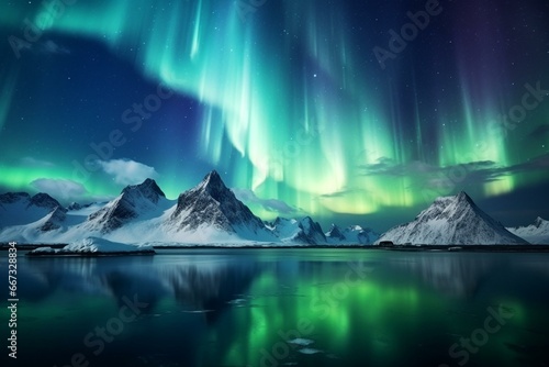 Colorful polar lights above jagged peaks. Beautiful celestial light display with space for text. Generative AI © Cassidy