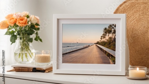 Empty photo frames on a wooden table with some plants © hassani