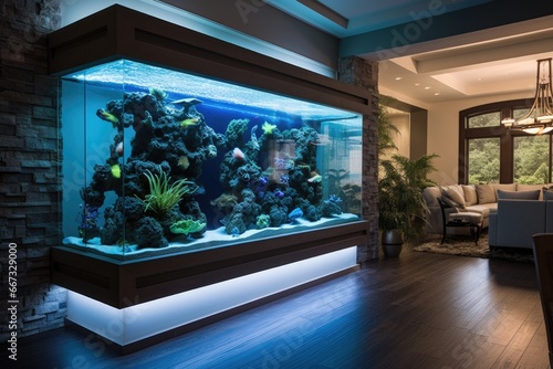 A fish tank in the middle of a living room. photo