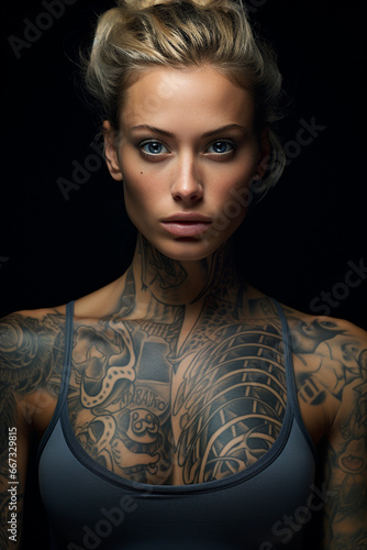Tattoo on a woman's body, skin. Tattoo on a woman's body, skin. Tatu as a separate art form, unique design, authentic contours, bold look, confident character, free Makeup, artistic drawing.