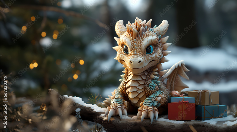 A green dragon, as a symbol of the New Year 2024, in a snowy forest clearing surrounded by gifts. High quality photo