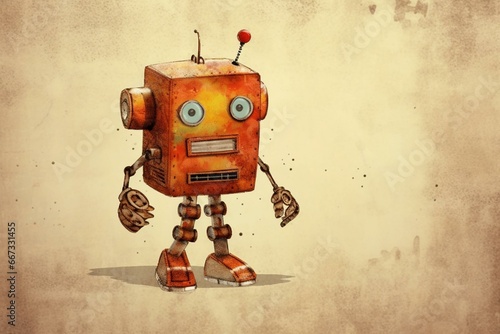 A cute rusty scuffed robot drawing on textured paper with a beige background, resembling a vintage toy. Generative AI