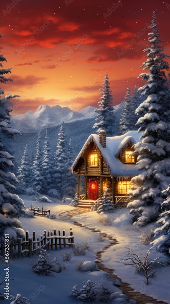 A cabin in the snow with a red door.