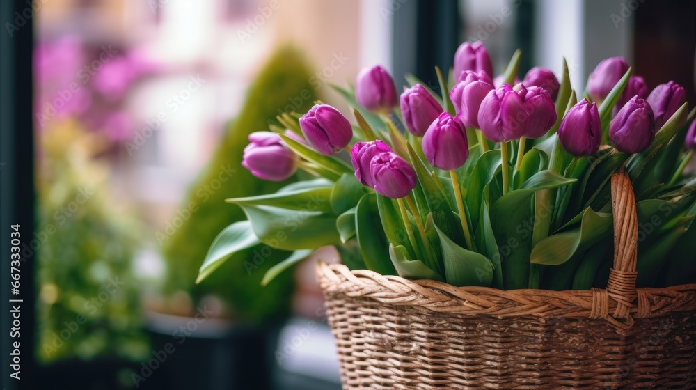 Beautiful purple tulips in vase on blurred background, closeup