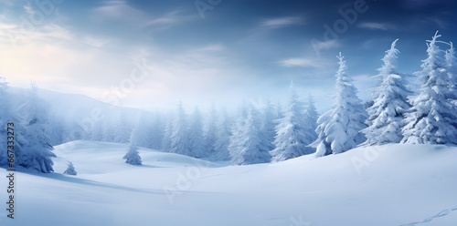 Snowy backdrop, Christmas blue background, snowy winter, winter holiday background, snowdrifts, snow-covered blur forest, cold winter time, christmas snowy, Web banner. © elina