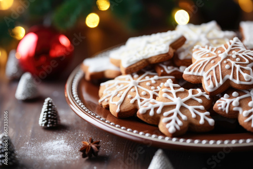 Tasty gingerbread cookies with plate on table