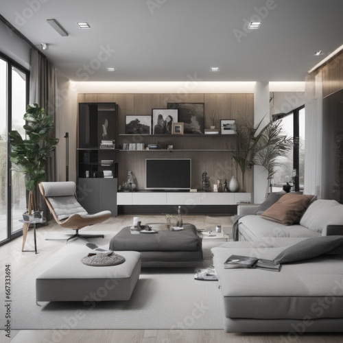 Living room in a bright modern house open floor plan minimalist style. © shaadjutt36
