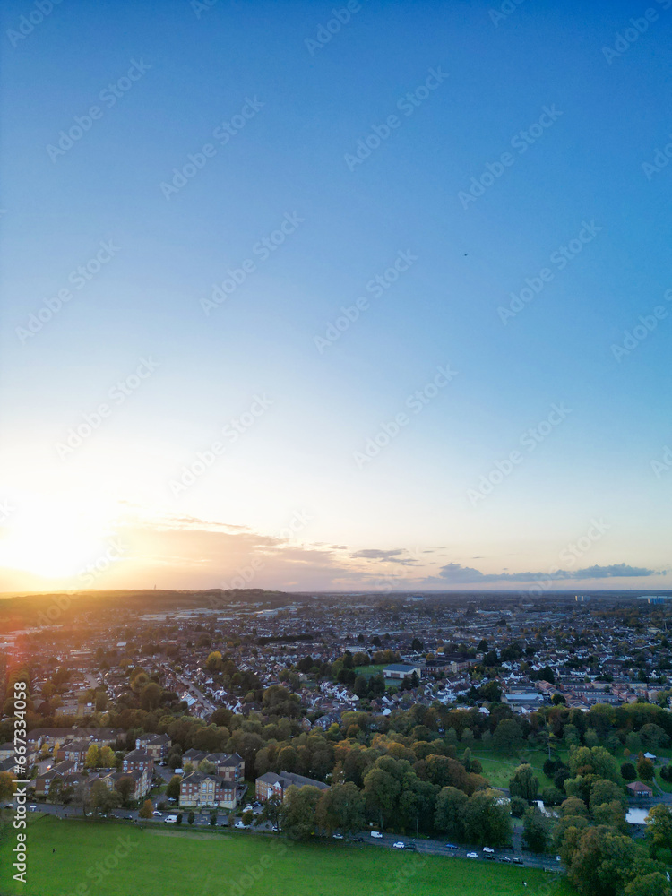 Aerial View of Wardown Public Park of Luton City, England UK. Image Captured During sunset over United Kingdom with Drone's Camera on October 24th, 2023