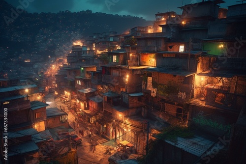 Dystopian Rio de Janeiro's cyberpunk favela portrayed in an intense cinematic scene. Generative AI photo
