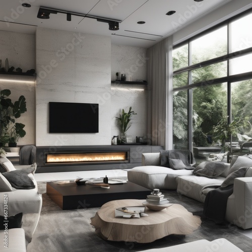 Living room in a bright modern house open floor plan minimalist style.
