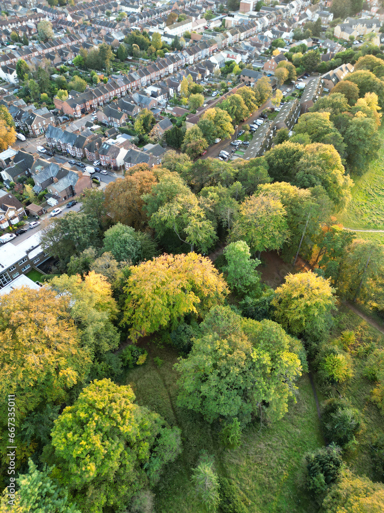 Aerial View of Wardown Public Park of Luton City, England UK. Image Captured During sunset over United Kingdom with Drone's Camera on October 24th, 2023