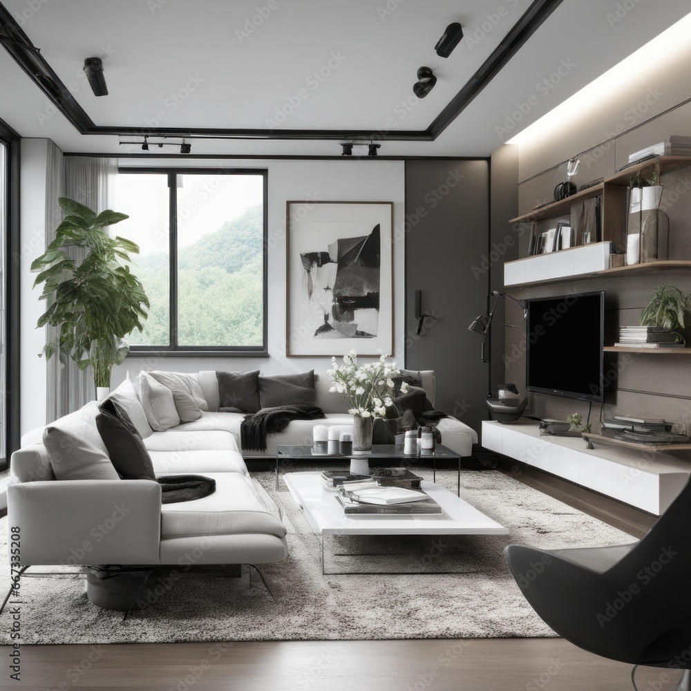 Fototapeta premium Living room in a bright modern house open floor plan minimalist style.