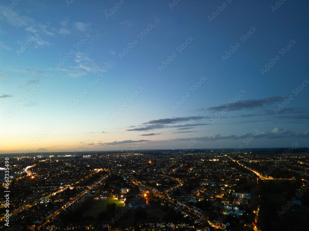 Aerial View of Illuminated British Downtown View of Luton City, England UK. Image Captured After sunset over United Kingdom with Drone's Camera