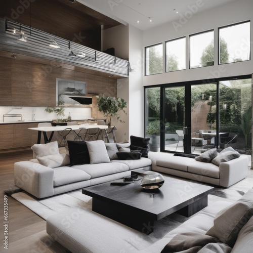 Living room in a bright modern house open floor plan minimalist style. © shaadjutt36