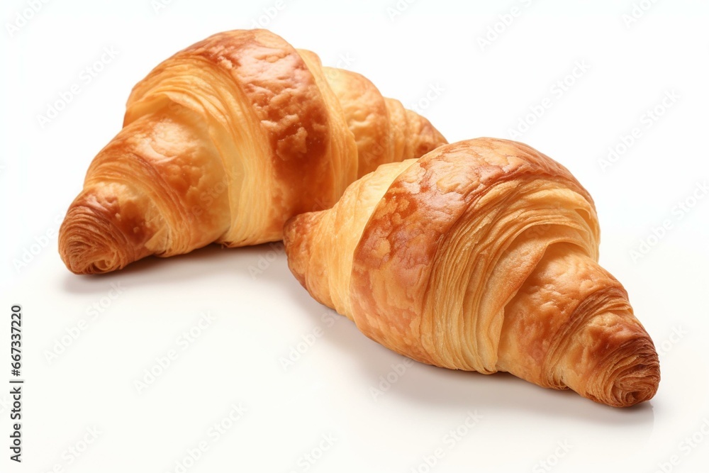 Delicious croissants on white background. Ideal for French breakfast or snack. Rendered in 3D. Generative AI