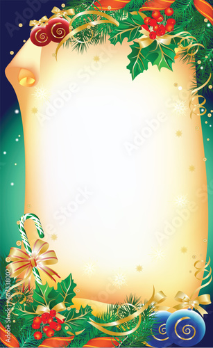 Merry christmas background with pine leaves boarder and frame and colorful christmas balls, holly, stars and snowflakes