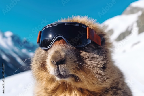 Funny face of a marmot with sunglasses photo