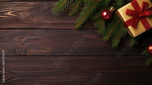 Gold gift with red ribbon on a wooden table. Pine branches and red Christmas ornaments. Christmas background. Top view