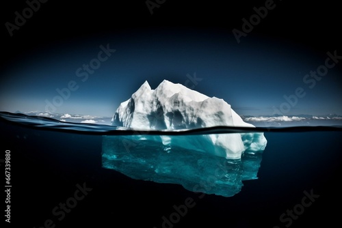 Underwater iceberg with small tip above dark sea. Generative AI