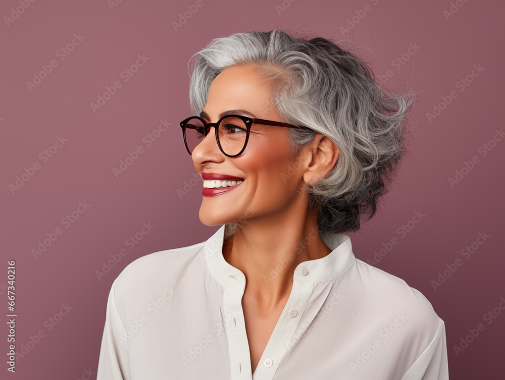 Retrato de una mujer latina madura, con canas, sonriendo, con apariencia saludable y vitalidad, usando una blusa blanca y gafas, posando en un estudio fotográfico con fondo de color rosa