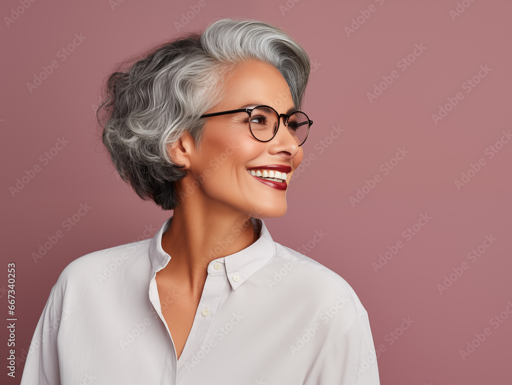 Retrato de una mujer latina madura, con canas, sonriendo, con apariencia saludable y vitalidad, usando una blusa blanca y gafas, posando en un estudio fotográfico con fondo de color rosa