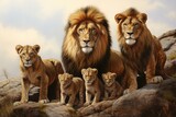 A group of majestic lions gathered together as a close-knit and strong family in their natural habitat. Generative AI