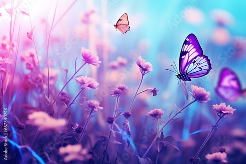 Close-up of wild flowers and butterflies in a blue and purple toned natural field. Generative AI