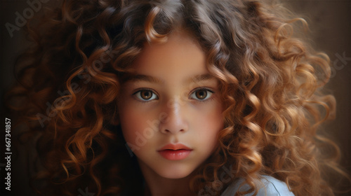 Closeup portrait of a young fresh-faced female child model with dark brown curly hair. Promoting hair products and maintaining health, vibrant hair.