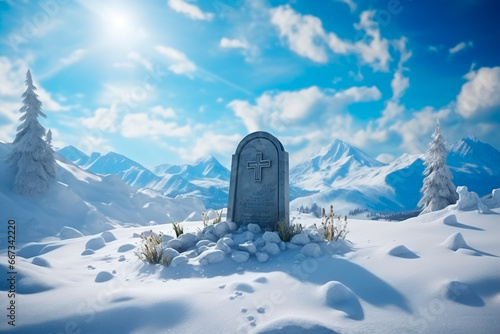 Solitary tombstone in nature. Solitary tombstone on a winter hill. An atmosphere of solitude and sadness