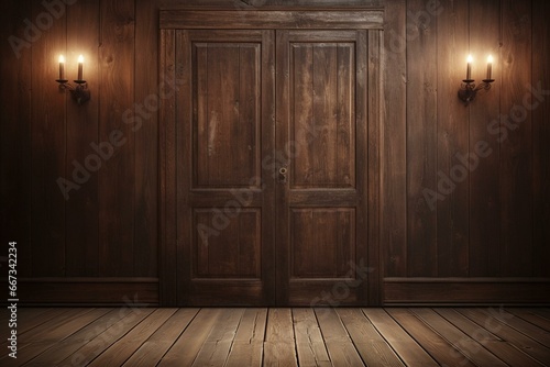 An image of a wooden wall with a central wooden door, wooden floor, and a wooden planked wall. Generative AI