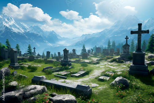 Old cemetery in the mountains, Spring cemetery with graves, Autumn cemetery, Nostalgic atmosphere