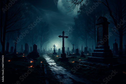 Old dark cemetery at night, Scary cemetery with graves, Cold cemetery