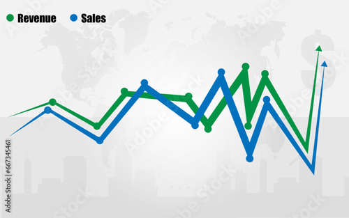 Revenue vs Sales design with arrow showing upwards