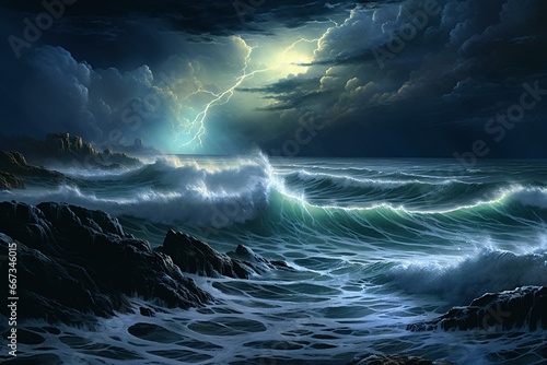 stormy coastline, sea lightning, illuminated waves. Generative AI