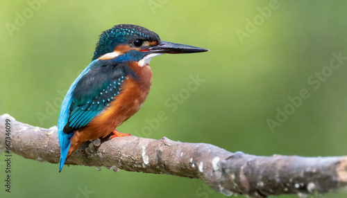 female kingfisher perched on a branch with a green background