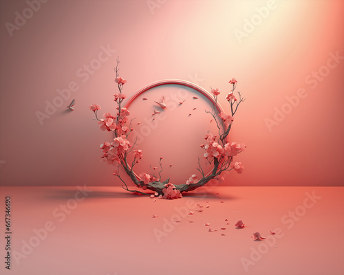 Tree trunk circle surrended with small flower and leaves soft red light with empty background