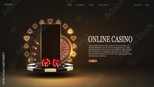A banner with cards and dice for poker, a smartphone and roulette on a podium made of chips with a neon frame of hearts, spades, diamonds and crosses in black and gold. A concept for a casino.