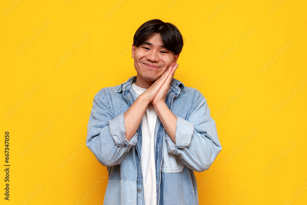 touched young asian guy in denim shirt shows emotion of tenderness and embarrassment on yellow background touched young asian guy in denim shirt shows emotion of tenderness and embarrassment on yellow background