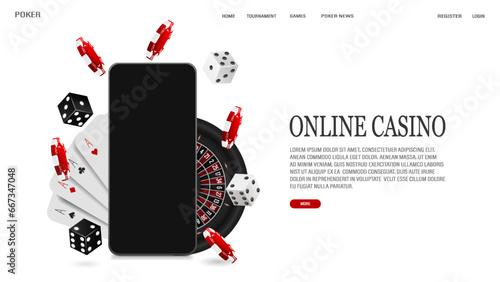 A web banner with a smartphone, cards, casino roulette, chips and dice for poker on a white background.