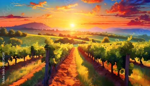 charming vineyard at sunset a charming vineyard bathed in the warm glow of sunset generative ai digital illustration part 100623