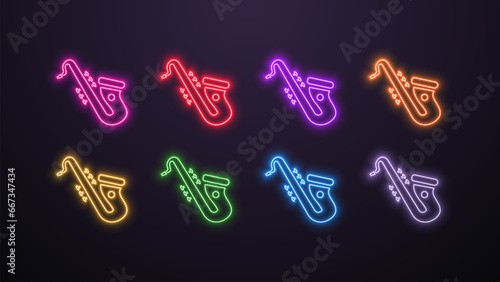 A set of neon bright saxophone icons in the colors blue, yellow, white, green, orange, pink, purple and red on a dark background.