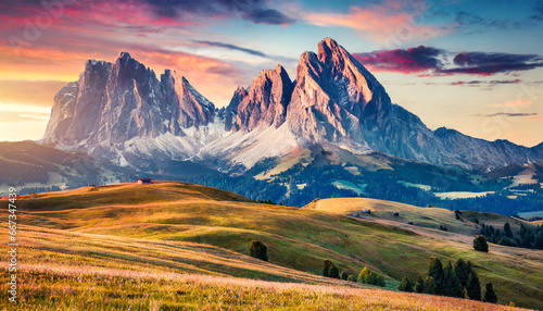 stunning morning scene majestic moutain peak under sunlight alpe di siusi valley during sunset amazing nature landscape awesome natural background incredible colorful scenery dolomites © Alicia