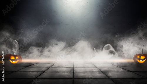 smoke on cement floor with defocused fog in halloween abstract background