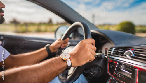 close up shot of a man s hands on the steering wheel