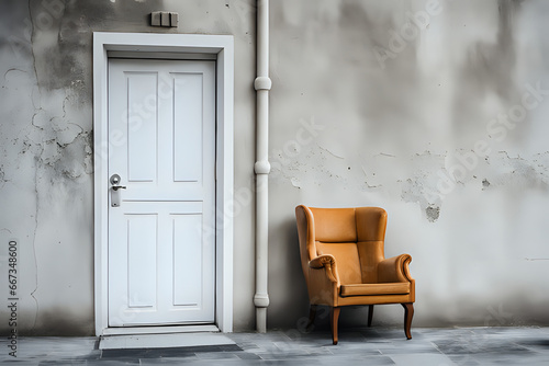 Closed White Door with armchair on old concrete Wall
