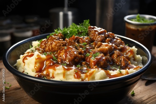 A bowl of mashed potatoes topped with meat and gravy