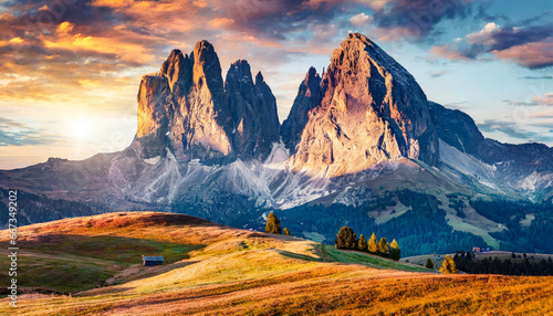 stunning morning scene majestic moutain peak under sunlight alpe di siusi valley during sunset amazing nature landscape awesome natural background incredible colorful scenery dolomites