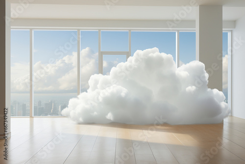 Surrealistic image of cloud inside a residential environment. Cloud in a room of an apartment with a feeling of calm. 3D cloud.