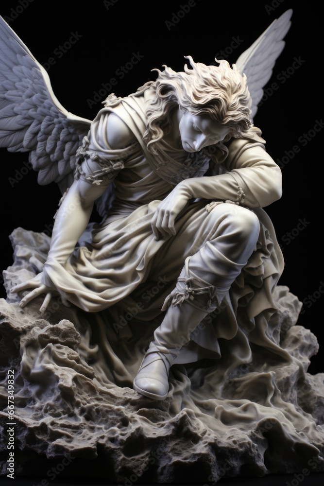 Fototapeta premium A statue of an angel sitting on a rock