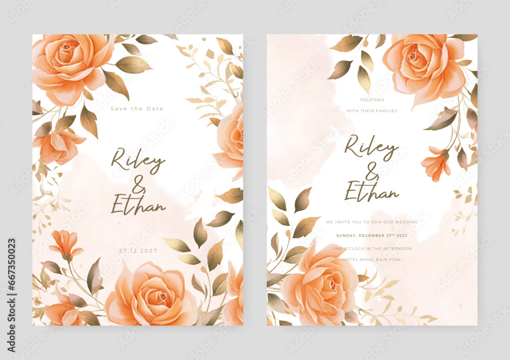 Peach rose modern wedding invitation template with floral and flower